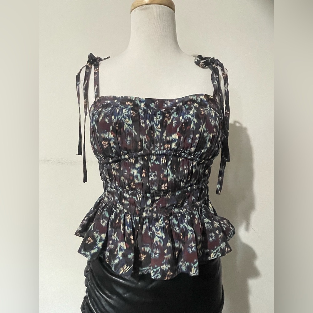 Ulla Johnson Black and Gray Smocked Peplum Blouse - Picture 3 of 4